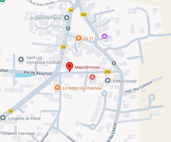 MajordHomes : Localisation et Accès Facile à Saint-Lys Carte de Saint-Lys montrant la localisation de MajordHomes sur la Rte de Beaufort, près de D3, D53 et lieux comme Le 71 ou Saint Lys Olympique Football.
